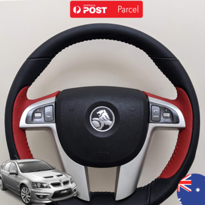 Holden VE HSV Clubsport Red and Black Nappy Leather Flat Bottom Steering Wheel